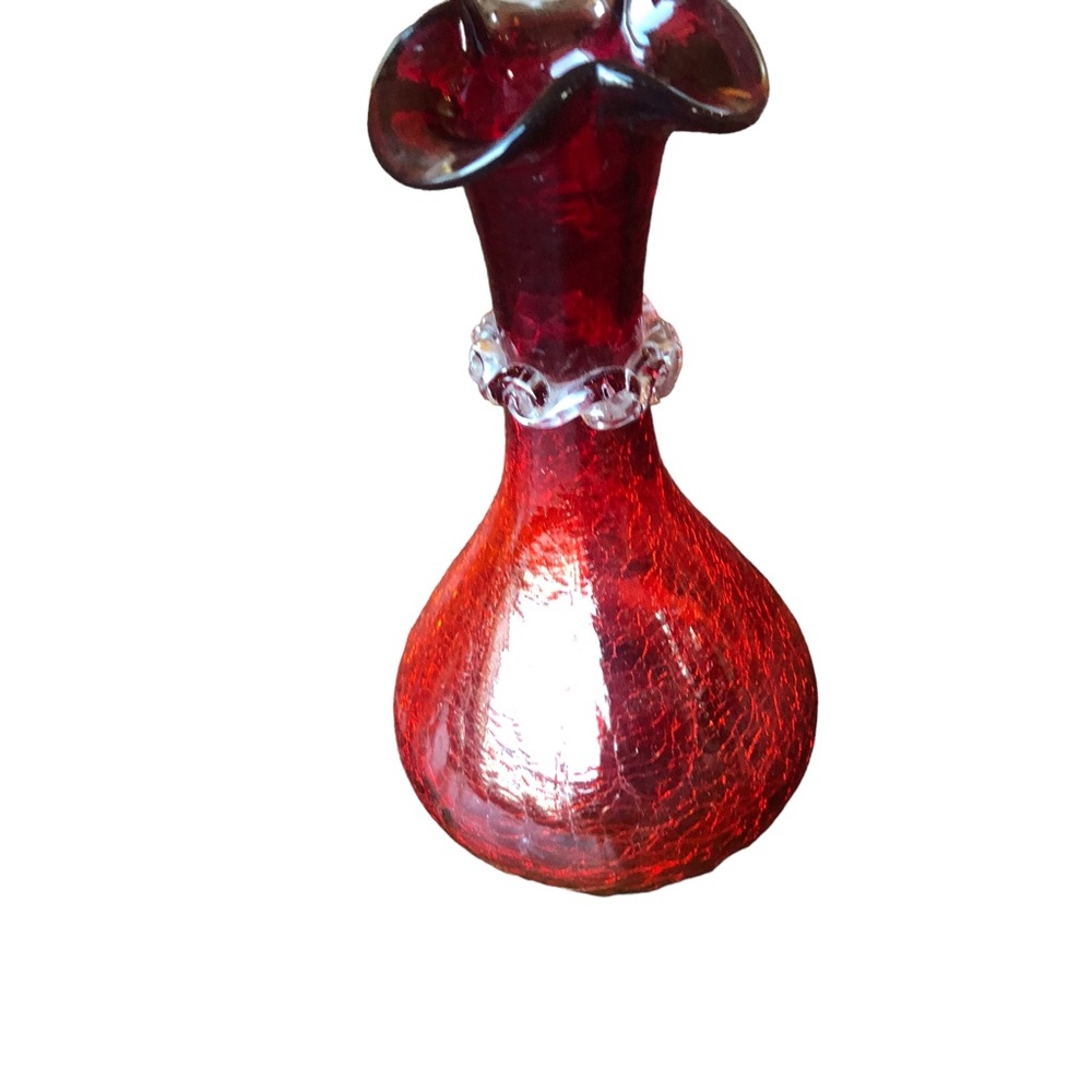 Vtg Ruby Red Amber Crackle Glass Hand Blown Bud Vase Ruffled Rim Applied Rigaree - Picture 8 of 16